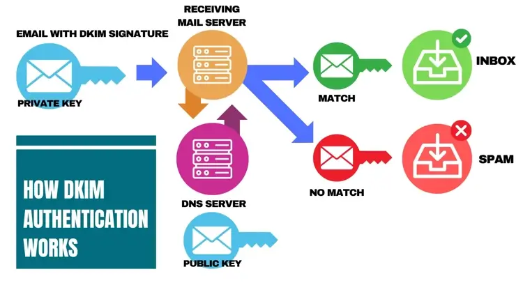 A graph displaying how DKIM (DomainKeys Identified Mail) authentication works